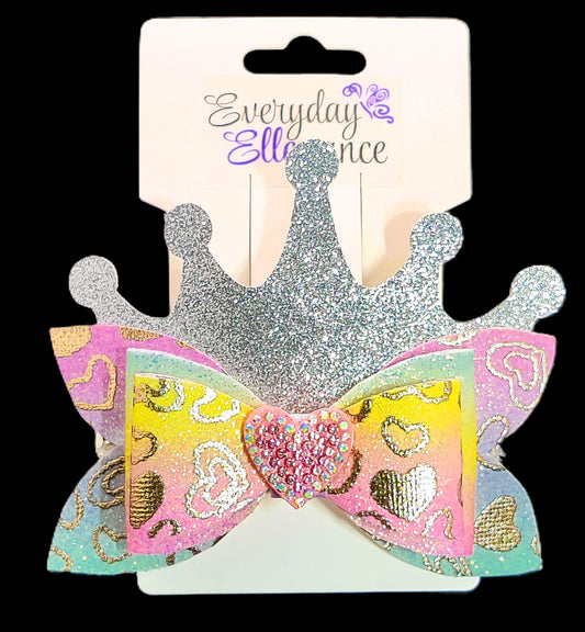 Glitter Heart Crown Bow with a Rhinestone Heart Accent