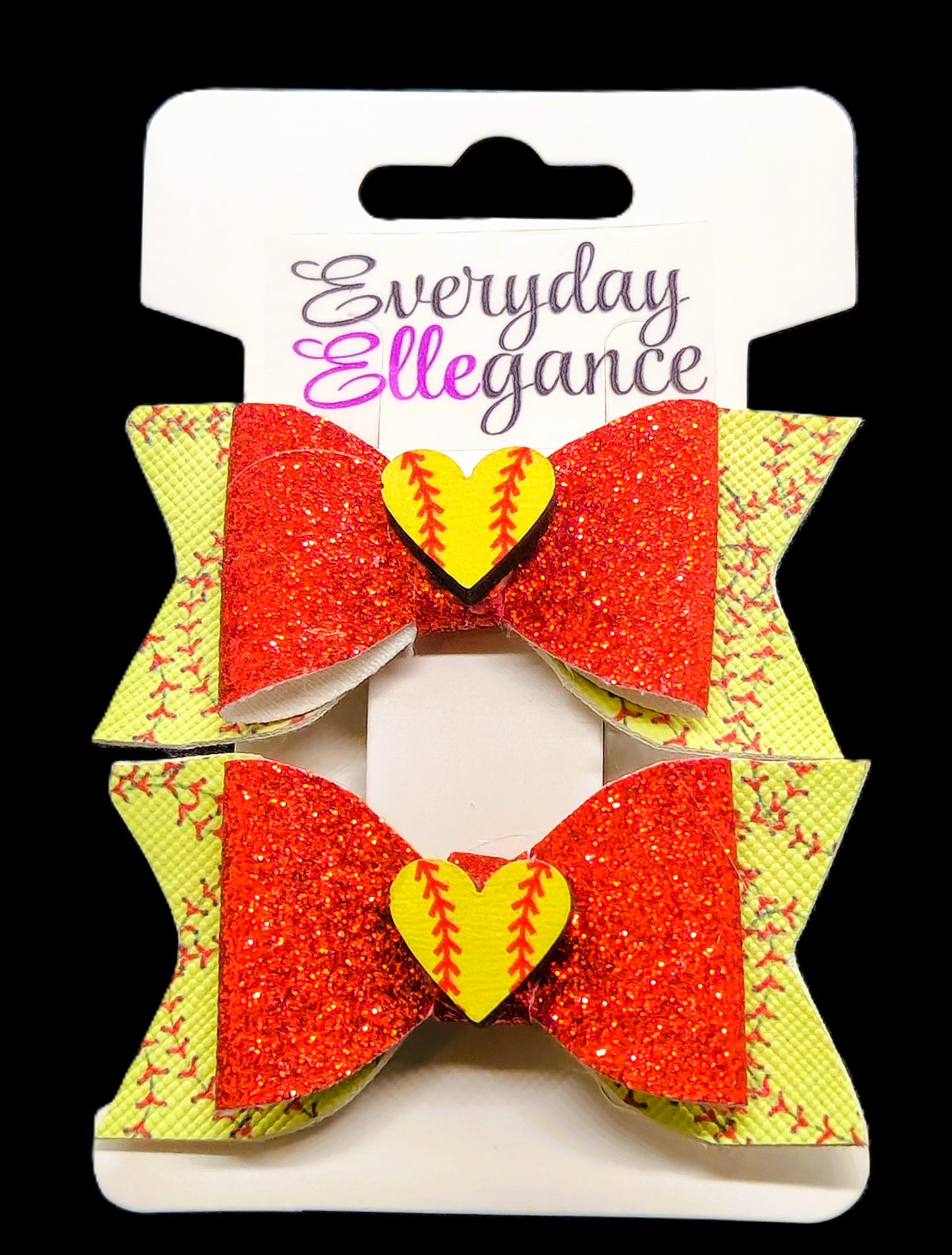 Glitter Softball Bows with Heart Softball Accents