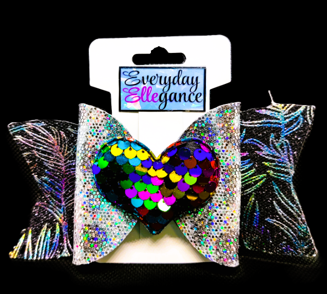 Holographic Feather Print and Glitter with a Heart Sequined Accent Bow