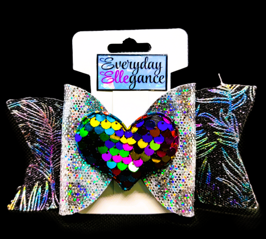 Holographic Feather Print and Glitter with a Heart Sequined Accent Bow