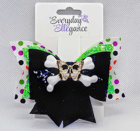 Halloween Sequined Polka Dot Skull and Crossbones Bow with a Butterfly Skull Accent