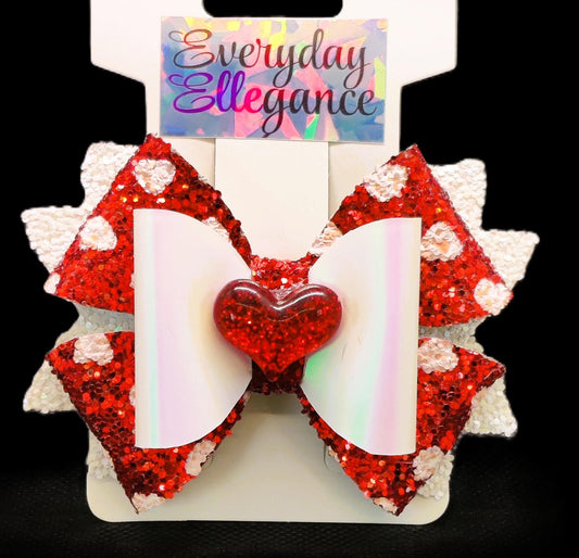 Pearl Pinwheel Glitter Heart Bow with a Glitter Heart Accent - Red and White     *15001 24089