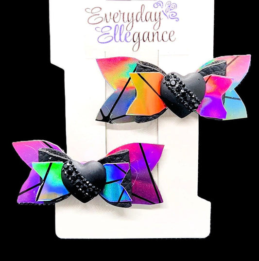 Geometric Holographic Bow Set with Rhinestone Heart Accents