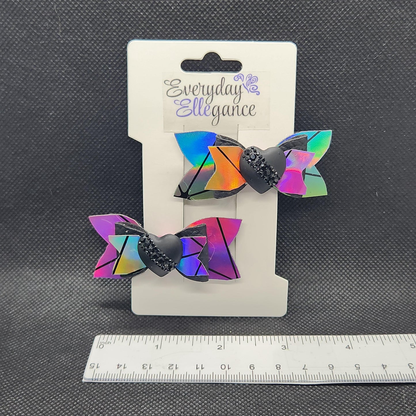 Geometric Holographic Bow Set with Rhinestone Heart Accents