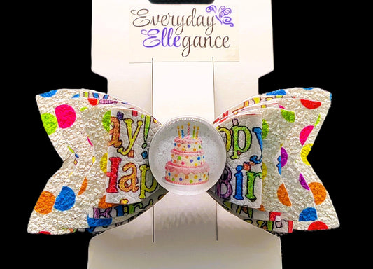 Glitter Polka Dot Birthday Bow with a Birthday Cake Cabochon Accent