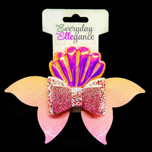 Seashell and Mermaid Tails Holographic Glitter Bow with a Holographic Shell Accent
